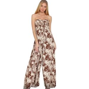 EUC Women’s Tan/Brown Print Strapless Smocked Jumpsuit